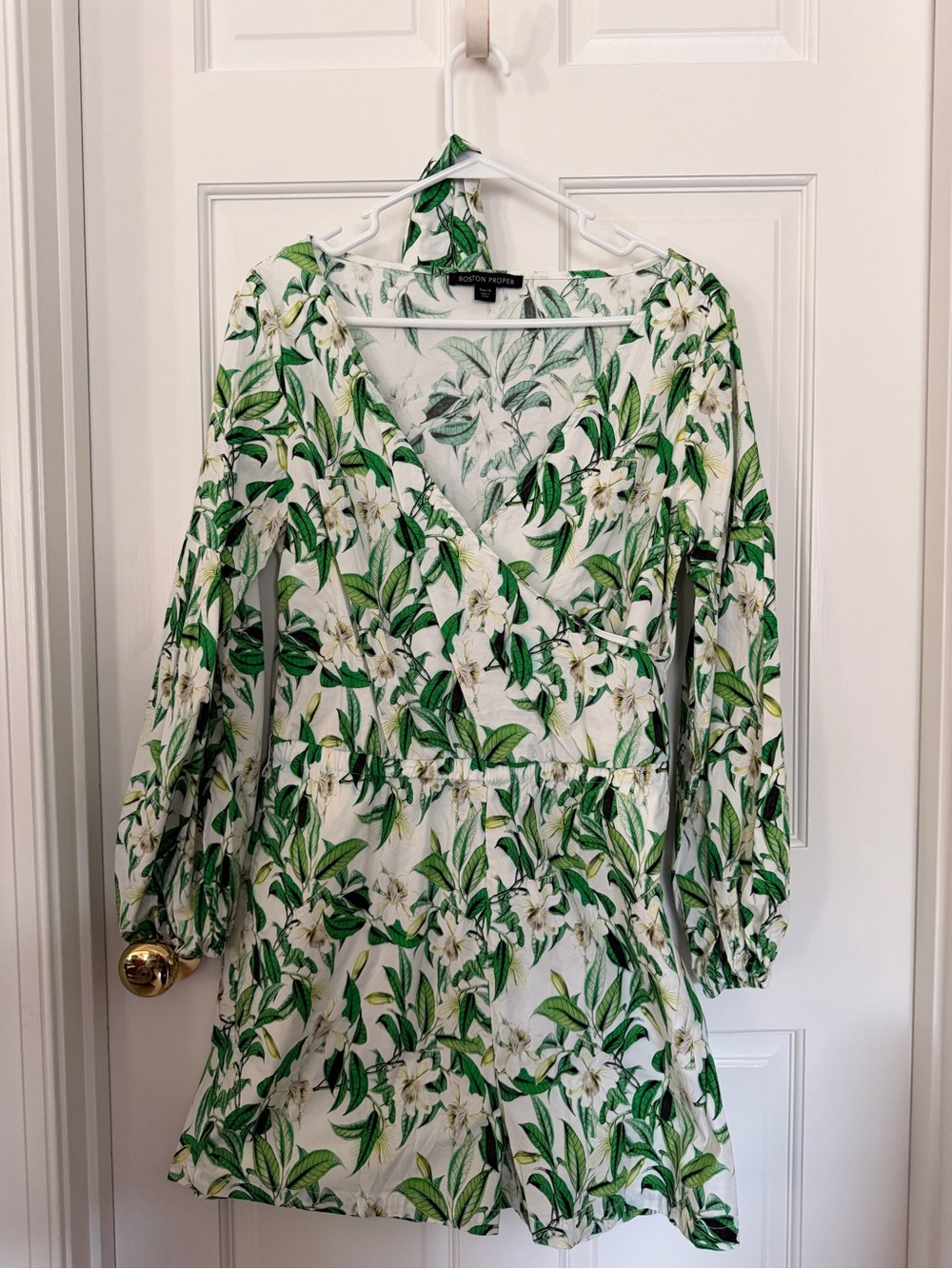 Boston Proper White and Green Floral Long-Sleeve Wrap Dress